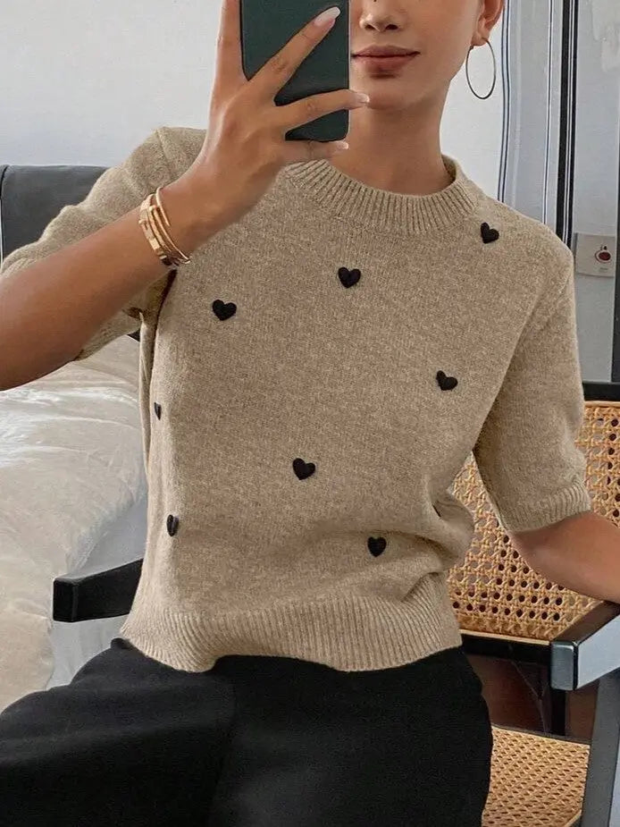Womens Crew-Neck Pullover Heart Jacquard Knitted Sweater Braceora