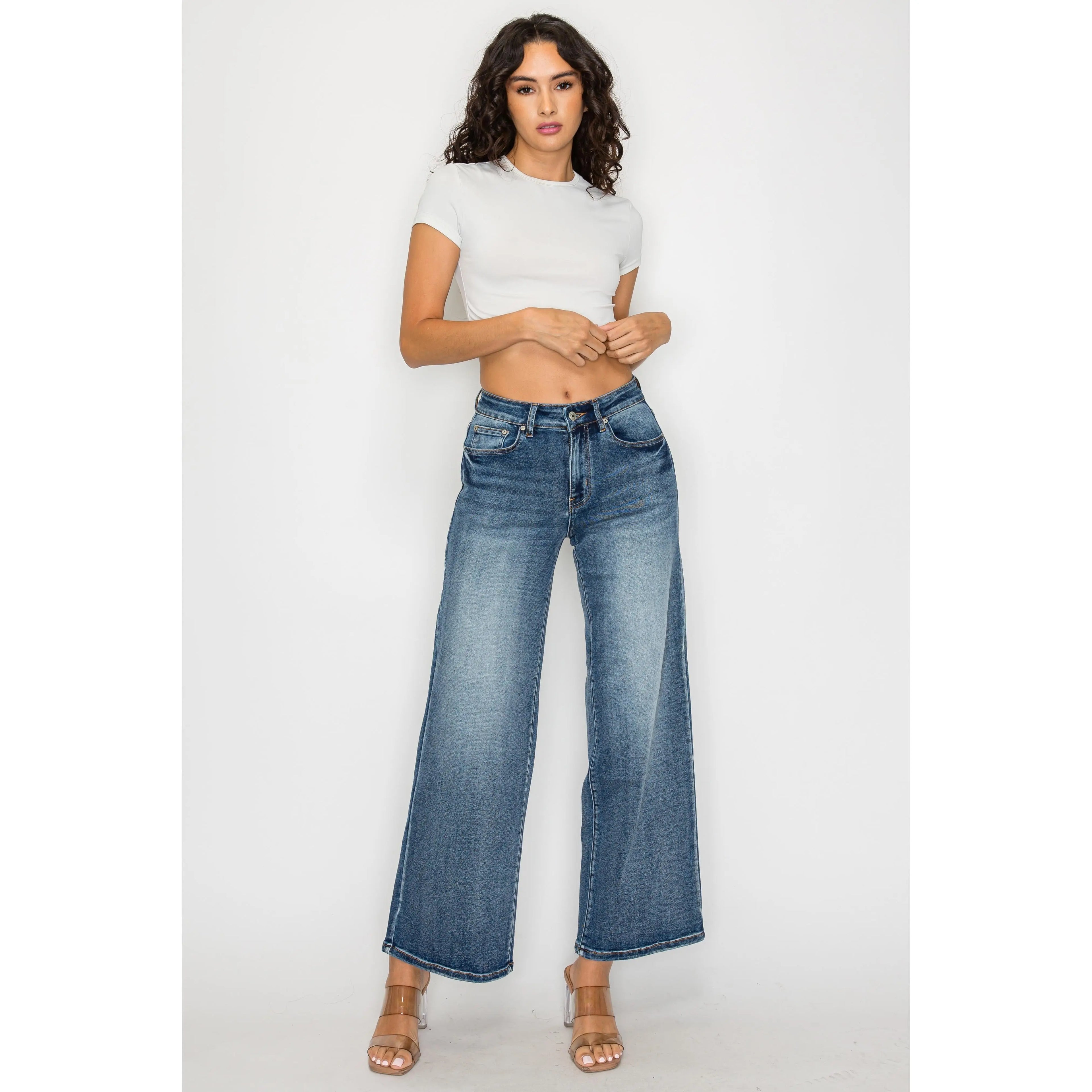 Pantalon évasé taille haute bleu foncée Braceora