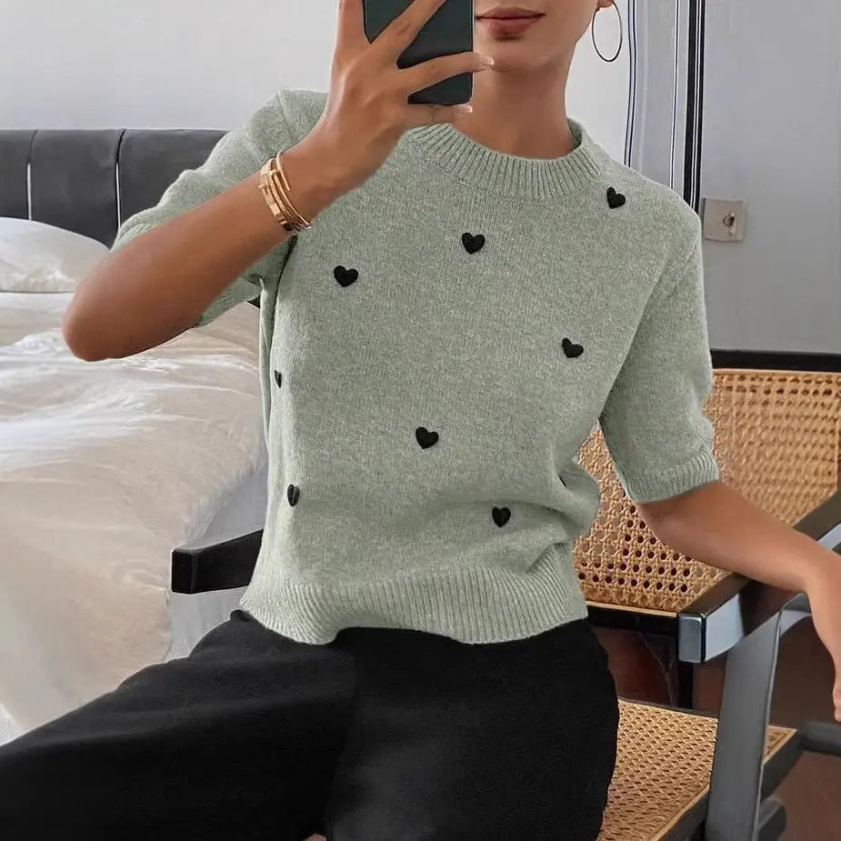 Womens Crew-Neck Pullover Heart Jacquard Knitted Sweater Braceora
