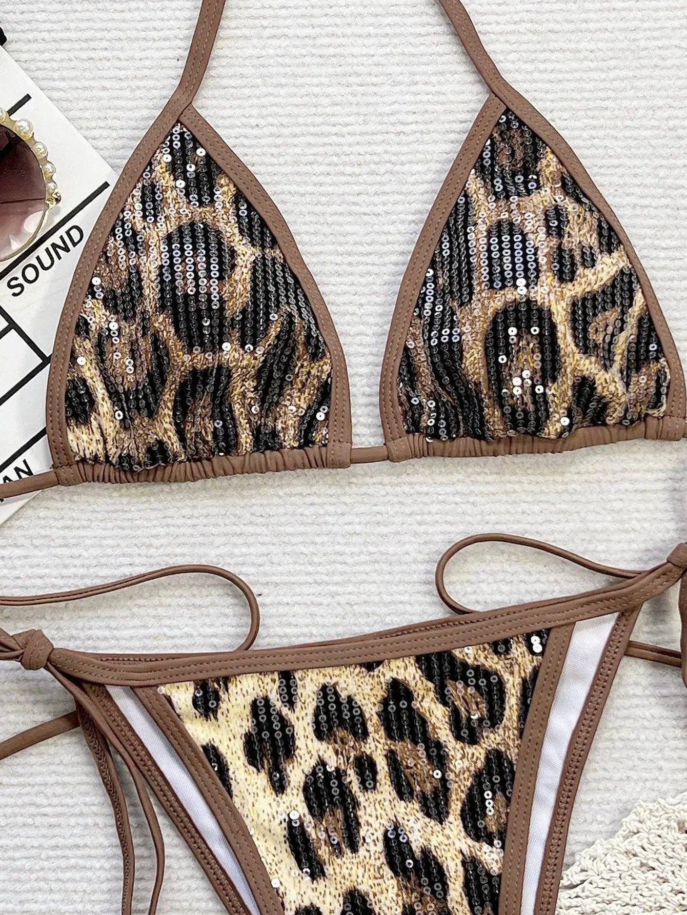 Leopard-print Sequin Low-rise Underwear And Bra Set Braceora