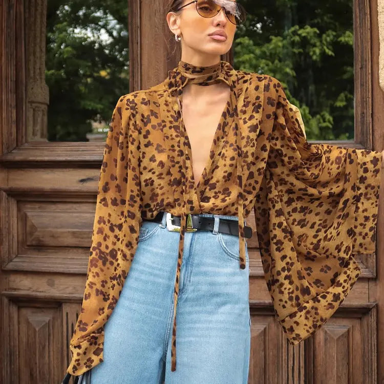 Leopard-print Hollow-out Small Stand-up Collar Long-sleeve Shirt Braceora
