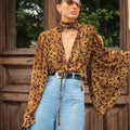 Leopard-print Hollow-out Small Stand-up Collar Long-sleeve Shirt Braceora