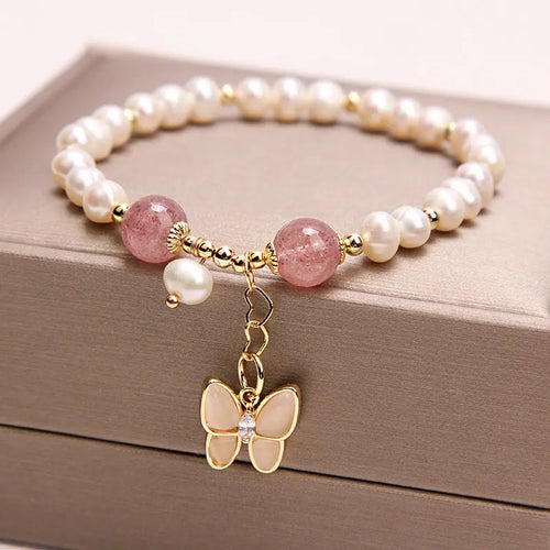 Bracelet perles d’eau douce et quartz couleur fraise femme