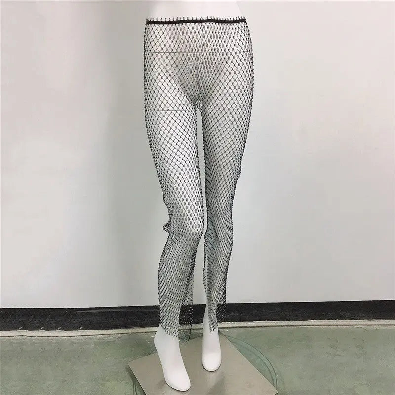 Sexy Fishnet Slit Pants Rhinestone Mesh Stretch Leggings Braceora