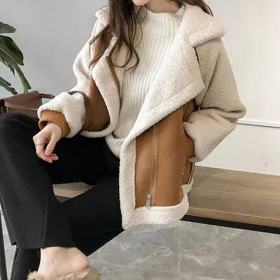 Suede Jacket Women Short Lamb Velvet Motorcycle Jacket Braceora