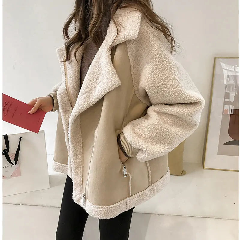 Suede Jacket Women Short Lamb Velvet Motorcycle Jacket Braceora