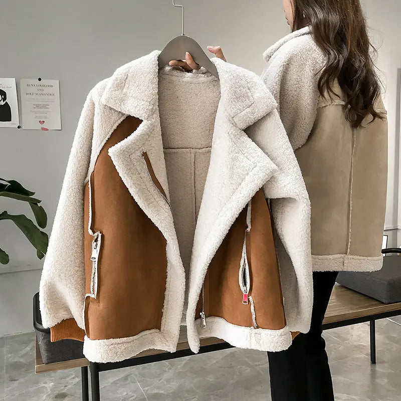 Suede Jacket Women Short Lamb Velvet Motorcycle Jacket Braceora