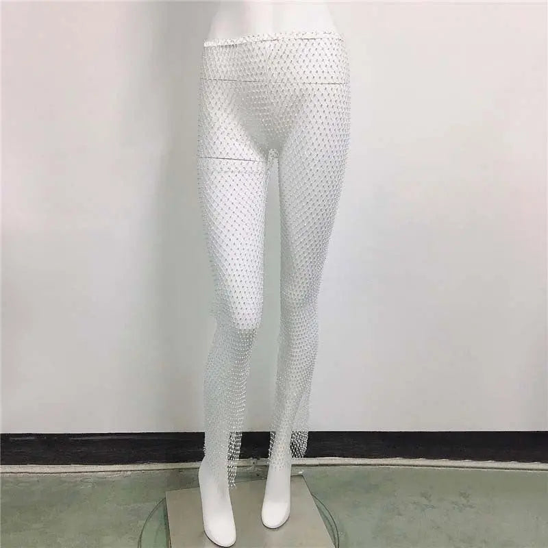 Sexy Fishnet Slit Pants Rhinestone Mesh Stretch Leggings Braceora