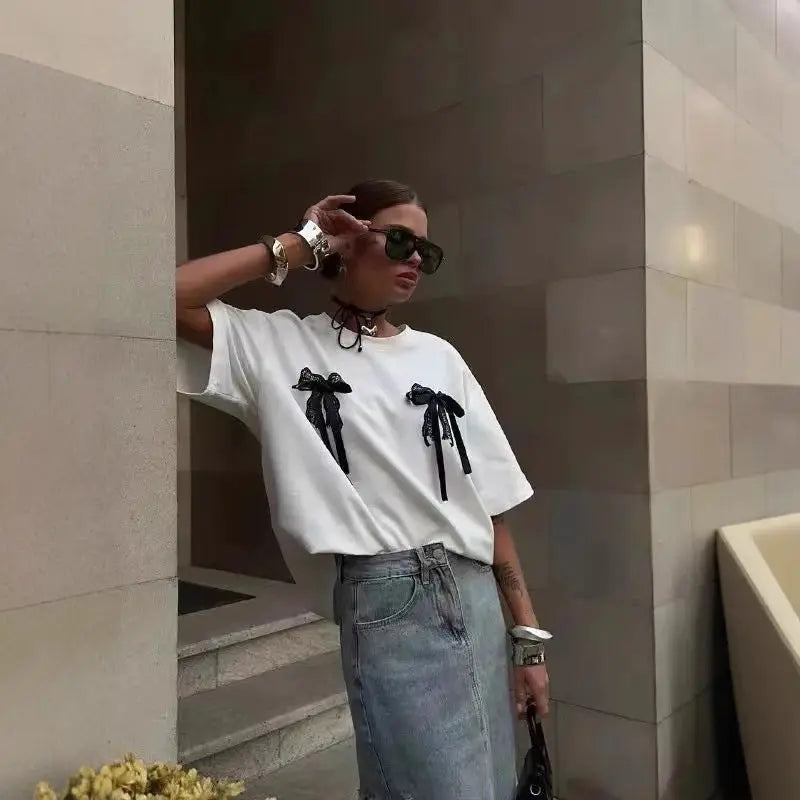 Millennium Bowknot Short-sleeved T-shirt Women's Lace Stitching Braceora
