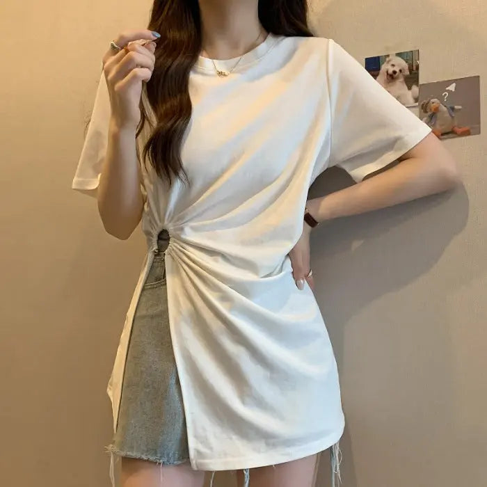 Cotton Irregular Split Short-sleeved T-shirt Women's Summer Braceora