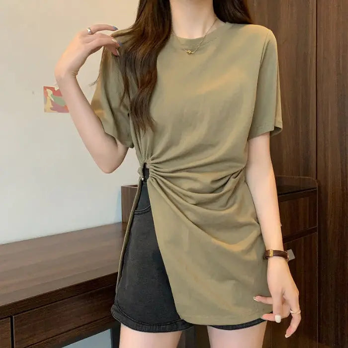 Cotton Irregular Split Short-sleeved T-shirt Women's Summer Braceora