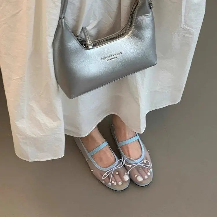 Summer Rhinestone-embellished Mesh Ballet Flats Braceora