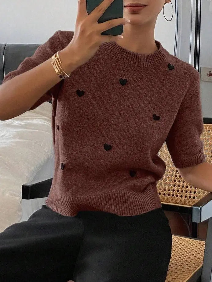Womens Crew-Neck Pullover Heart Jacquard Knitted Sweater Braceora
