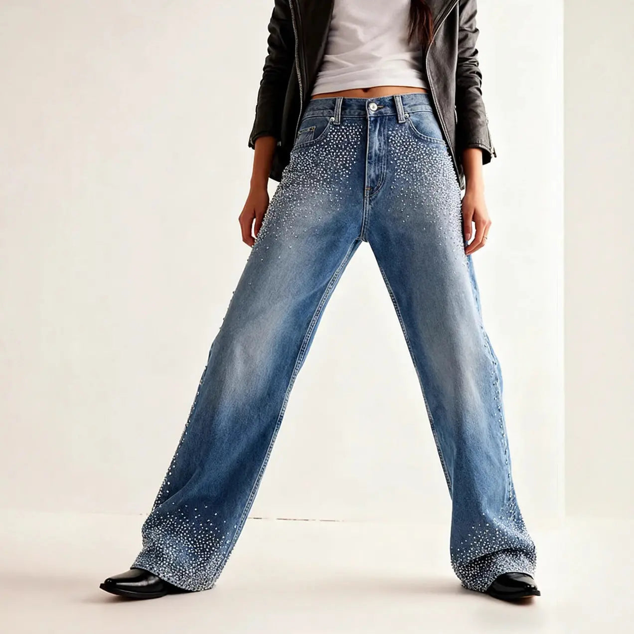 Fashion Stretch Rhinestone Straight-leg Jeans Braceora