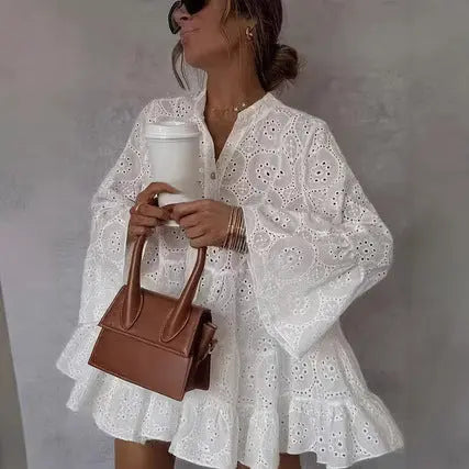 Womens Loose V-Neck Hollow-Out Lace Floral Dress Braceora