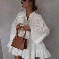 Womens Loose V-Neck Hollow-Out Lace Floral Dress Braceora