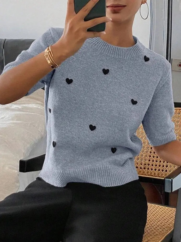 Womens Crew-Neck Pullover Heart Jacquard Knitted Sweater Braceora
