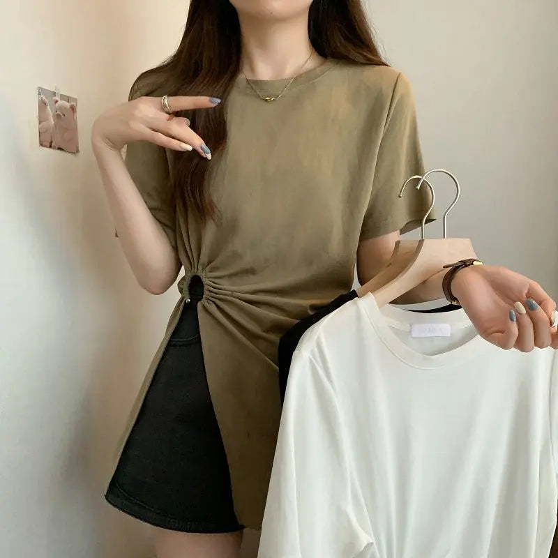 Cotton Irregular Split Short-sleeved T-shirt Women's Summer Braceora