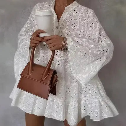 Womens Loose V-Neck Hollow-Out Lace Floral Dress Braceora