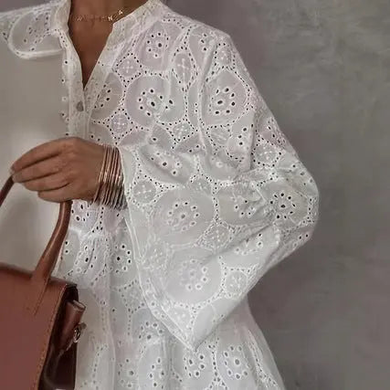 Womens Loose V-Neck Hollow-Out Lace Floral Dress Braceora