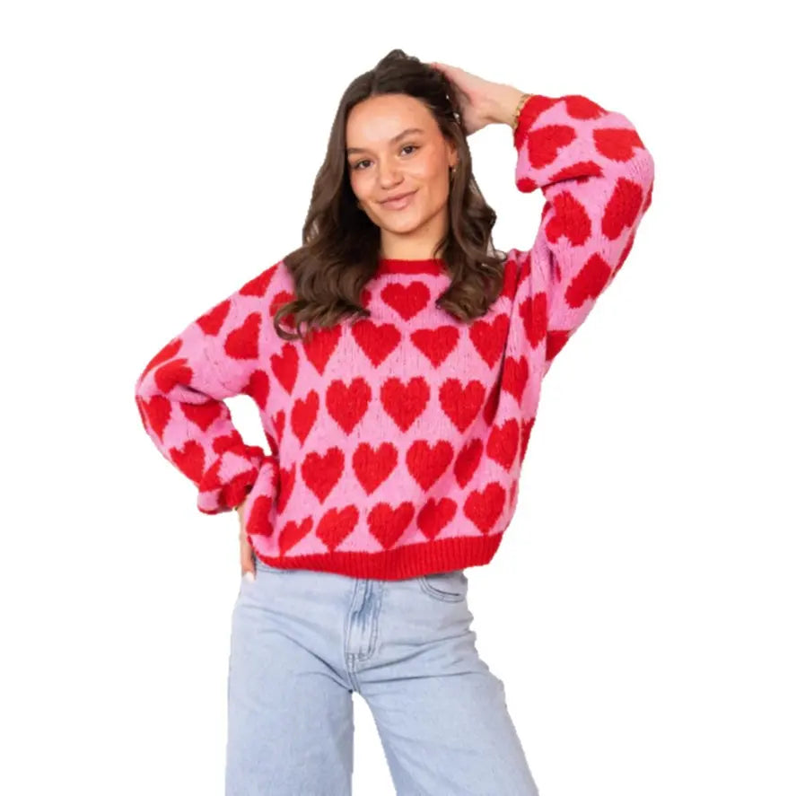 Heart Jacquard Color Contrast Short Knitted Valentine's Day Sweater Braceora