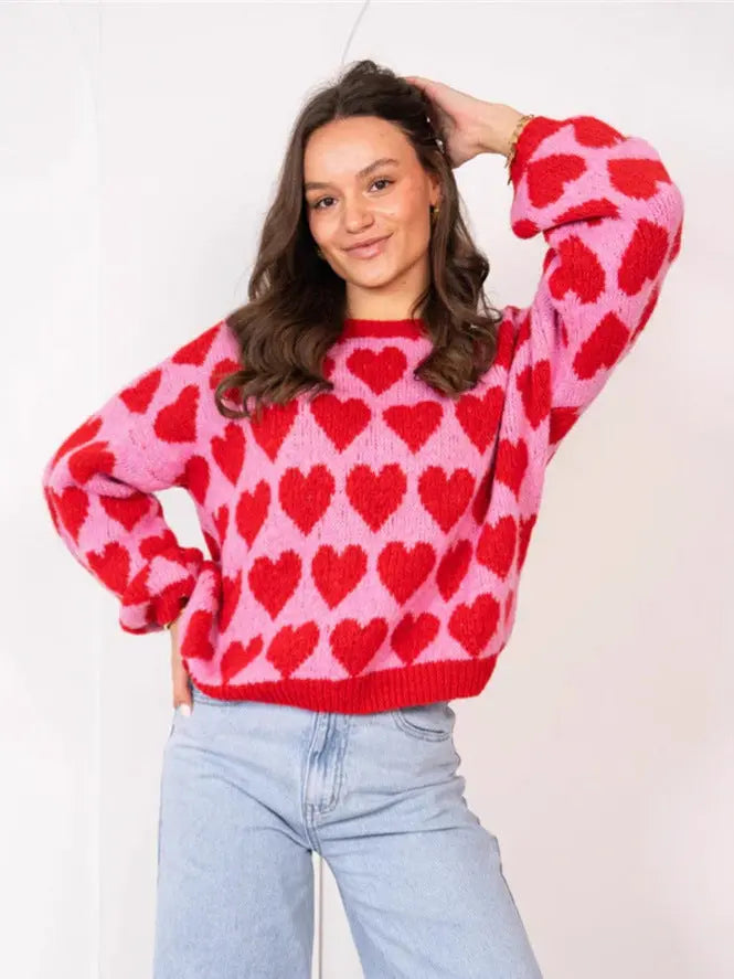 Heart Jacquard Color Contrast Short Knitted Valentine's Day Sweater Braceora