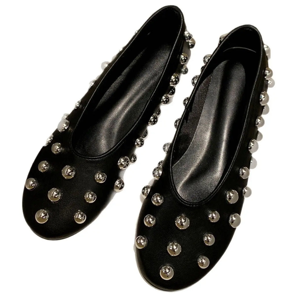 Black Studded Leather Ballet-style Flat Casual Shoes Braceora
