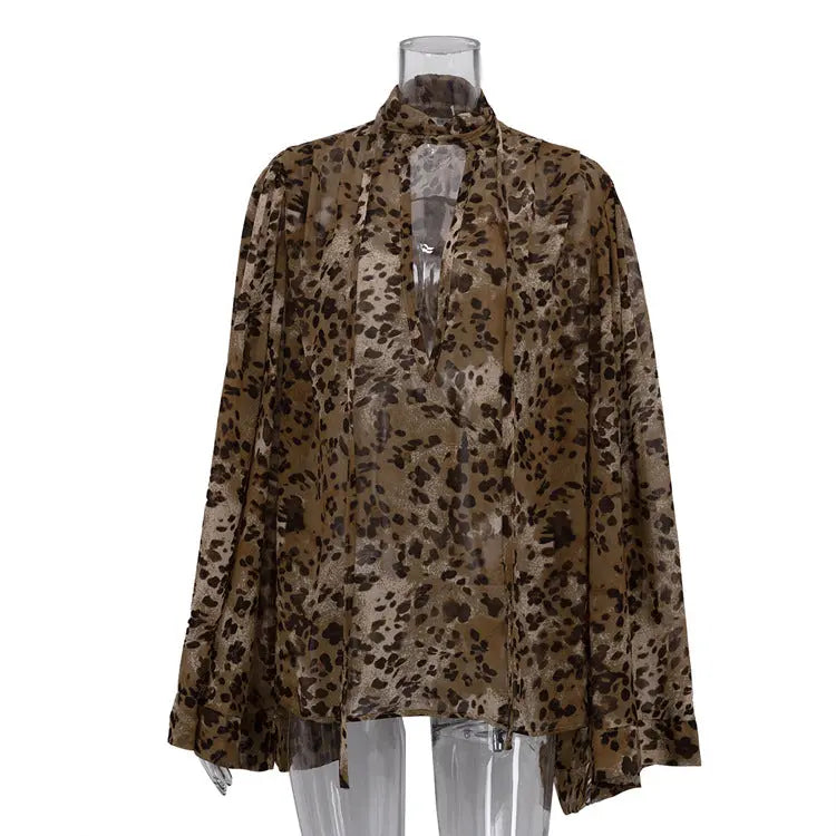 Leopard-print Hollow-out Small Stand-up Collar Long-sleeve Shirt Braceora