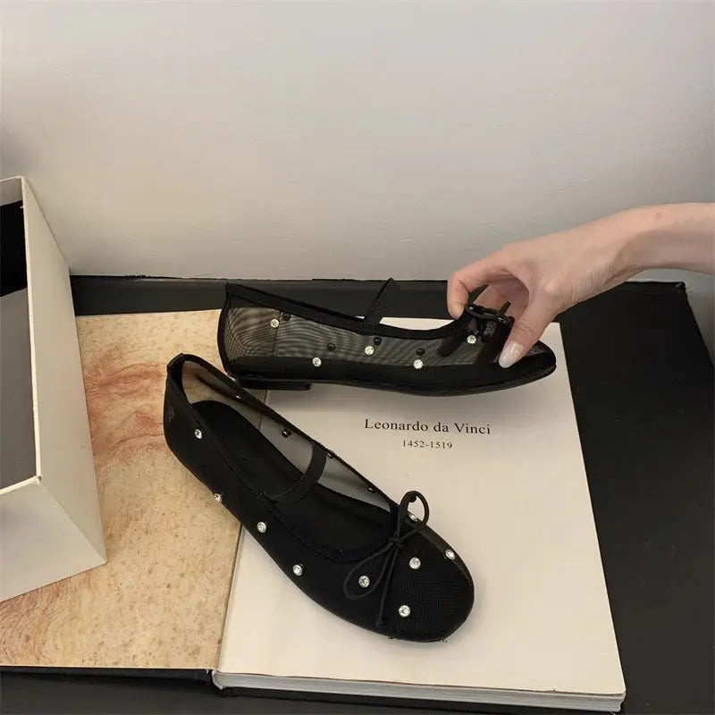 Summer Rhinestone-embellished Mesh Ballet Flats Braceora