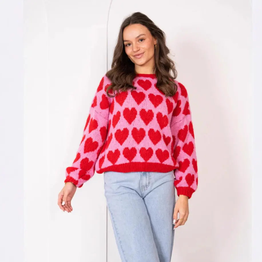 Heart Jacquard Color Contrast Short Knitted Valentine's Day Sweater Braceora