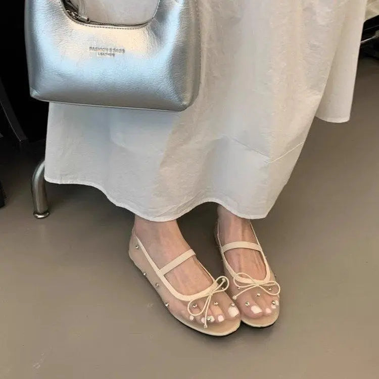 Summer Rhinestone-embellished Mesh Ballet Flats Braceora