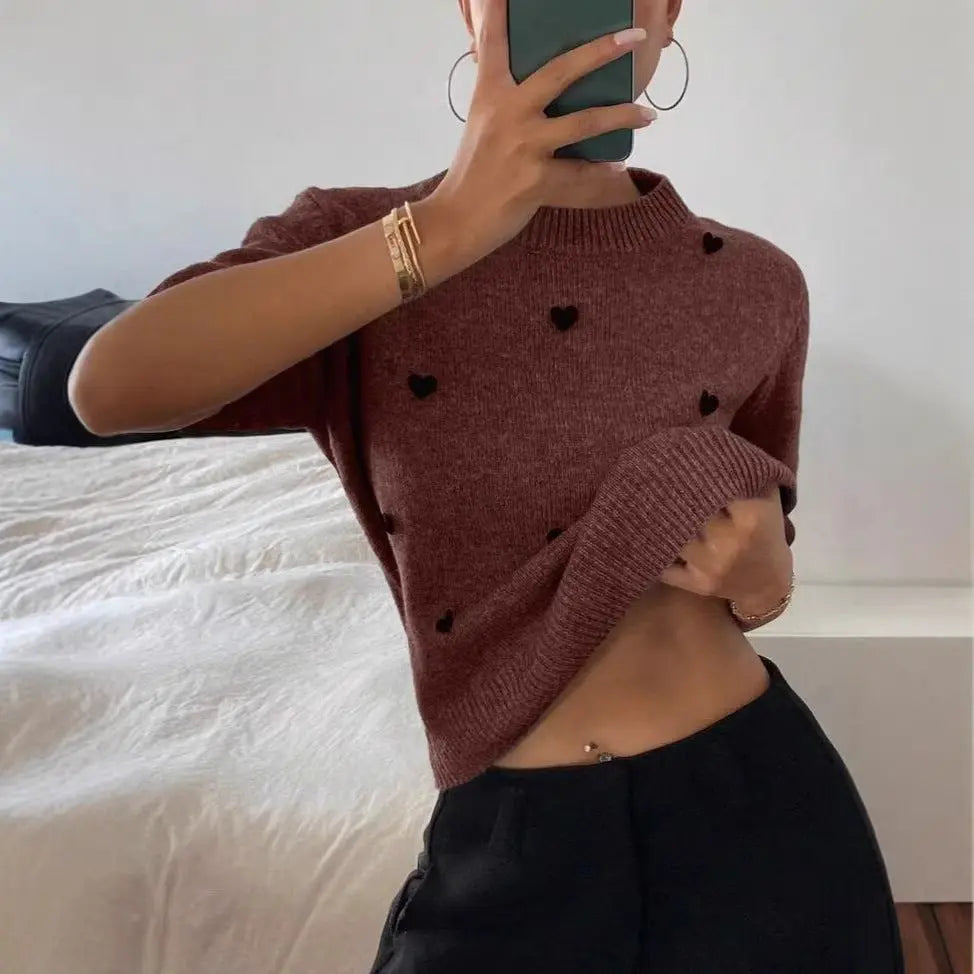 Womens Crew-Neck Pullover Heart Jacquard Knitted Sweater Braceora