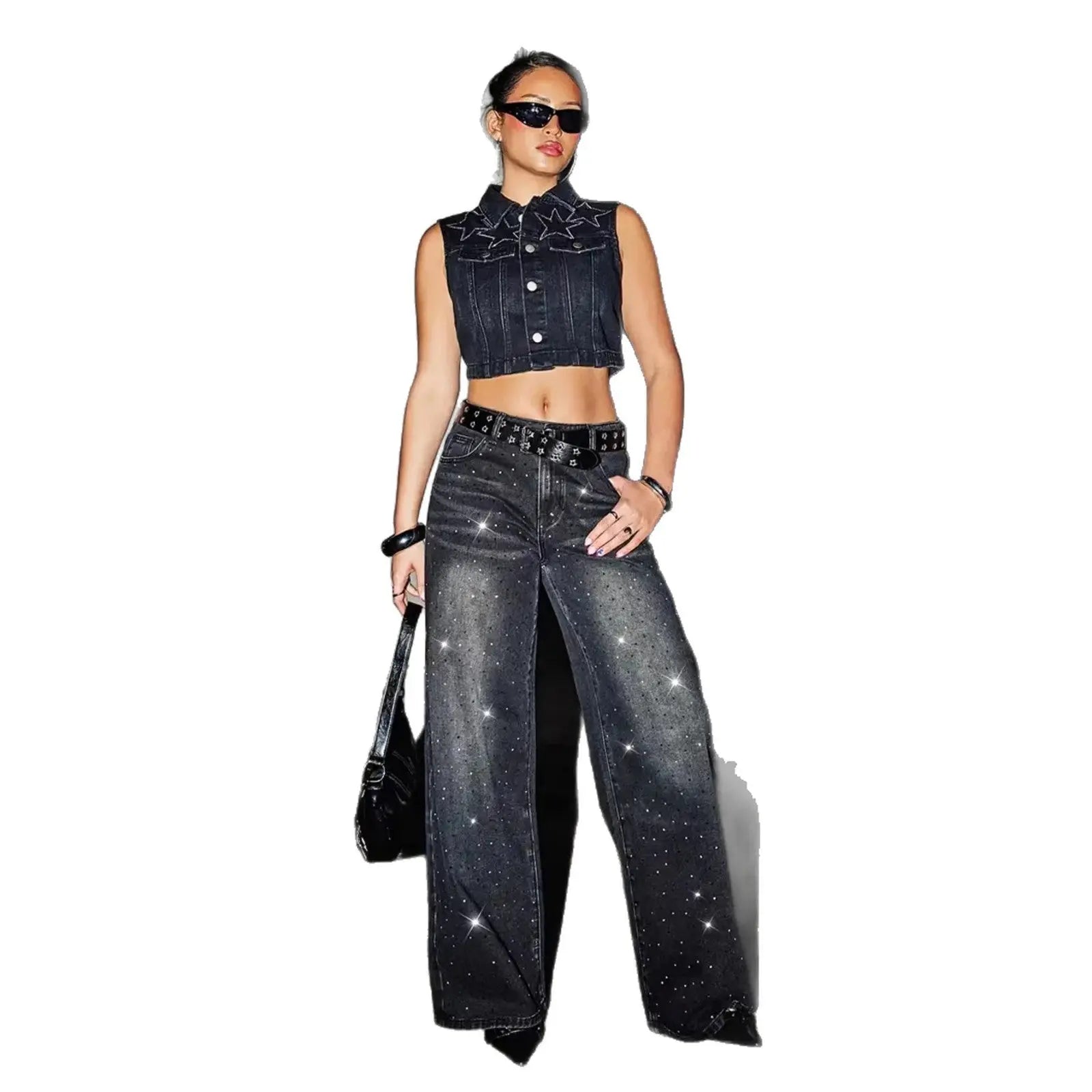 Denim tendance extensible avec clous pour style casual