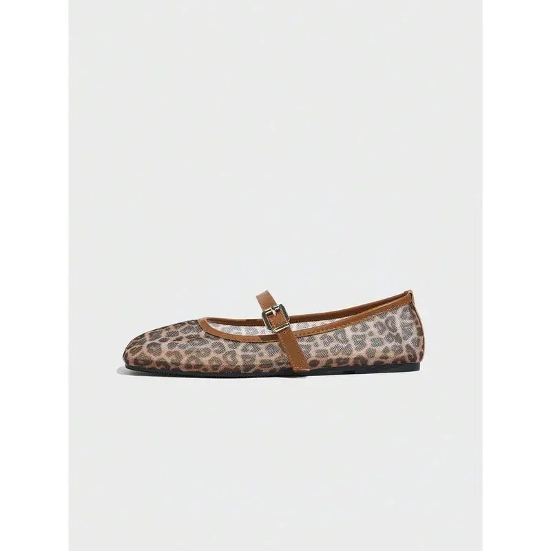 Leopard Print Mesh Breathable Women's Flat Sandals Mary Jane Braceora