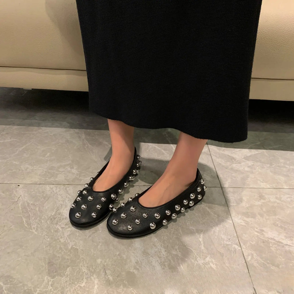 Black Studded Leather Ballet-style Flat Casual Shoes Braceora