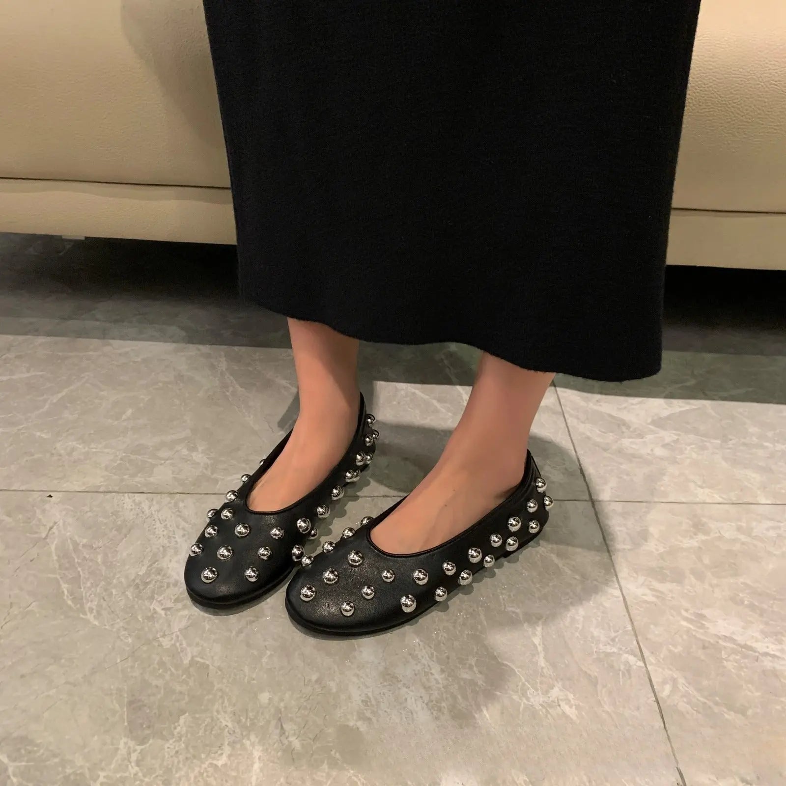 Black Studded Leather Ballet-style Flat Casual Shoes Braceora