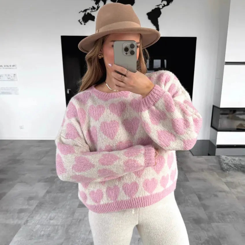 Heart Jacquard Color Contrast Short Knitted Valentine's Day Sweater Braceora