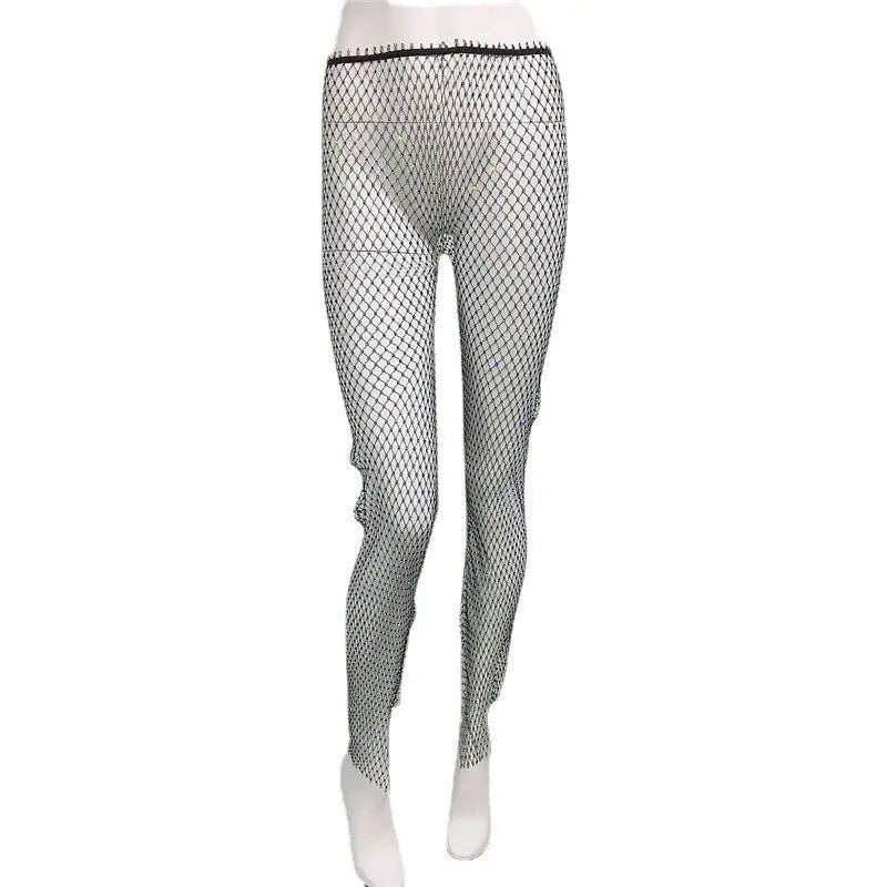 Sexy Fishnet Slit Pants Rhinestone Mesh Stretch Leggings Braceora