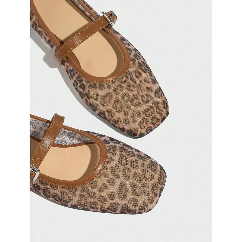 Leopard Print Mesh Breathable Women's Flat Sandals Mary Jane Braceora