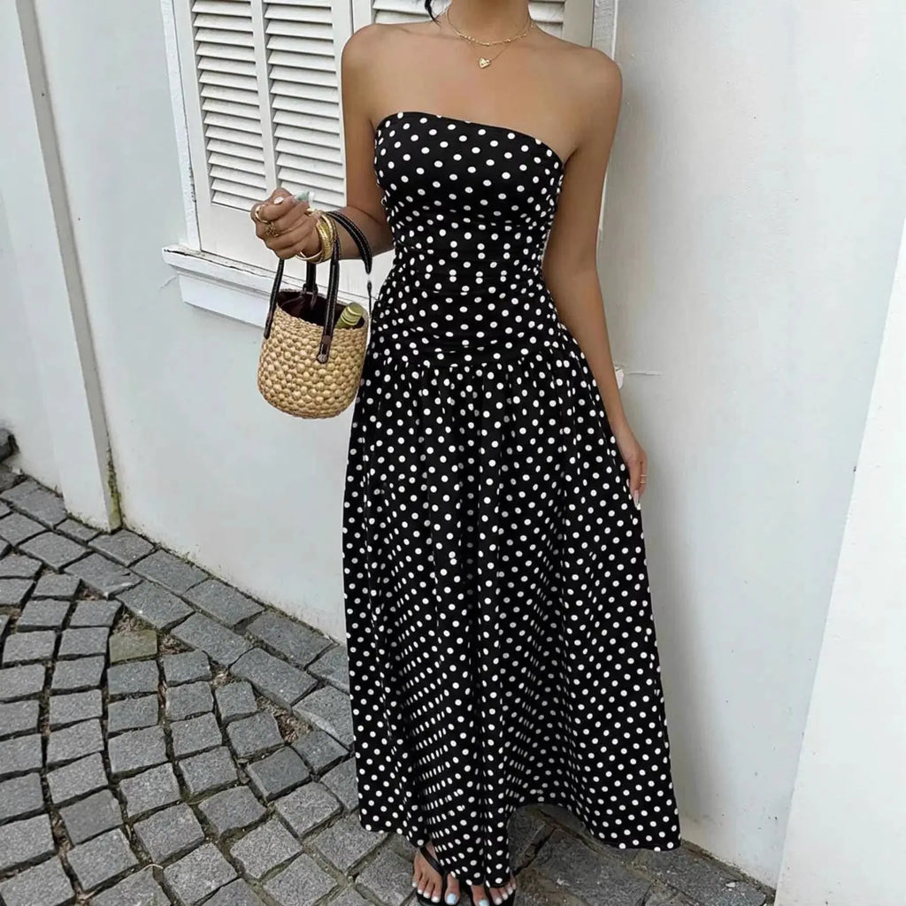 Off-the-shoulder Polka-dot A-line Waist-cinched Figure-flattering Dress Braceora