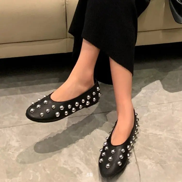 Black Studded Leather Ballet-style Flat Casual Shoes Braceora