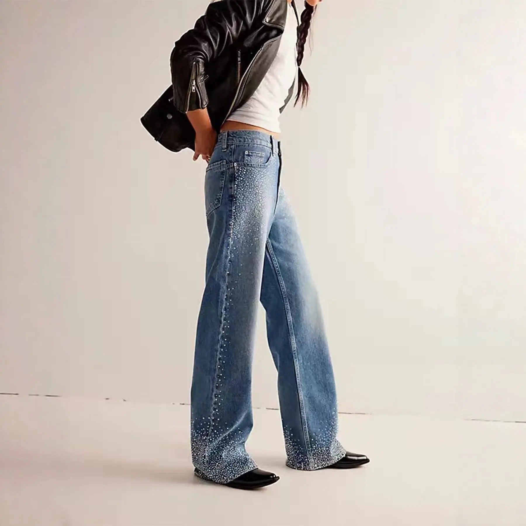 Fashion Stretch Rhinestone Straight-leg Jeans Braceora