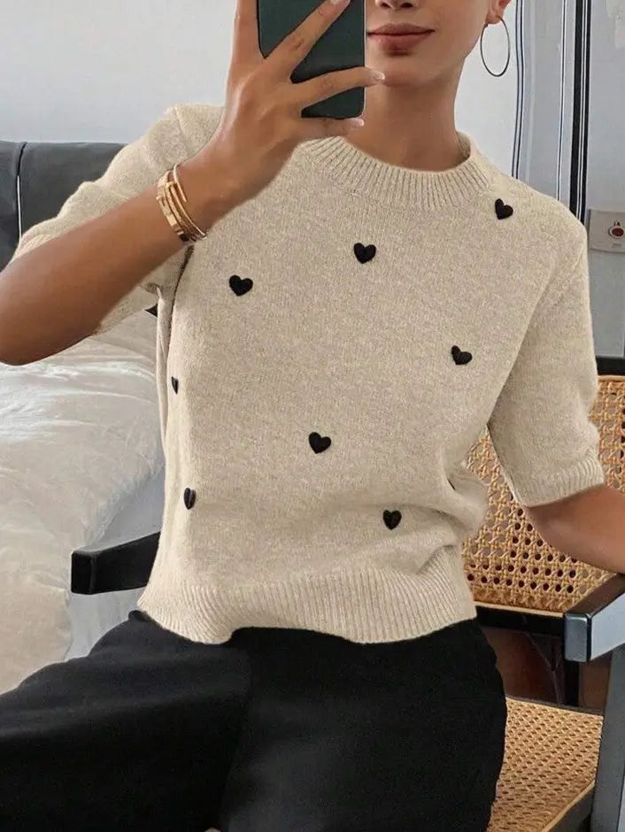 Womens Crew-Neck Pullover Heart Jacquard Knitted Sweater Braceora