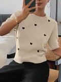 Womens Crew-Neck Pullover Heart Jacquard Knitted Sweater Braceora