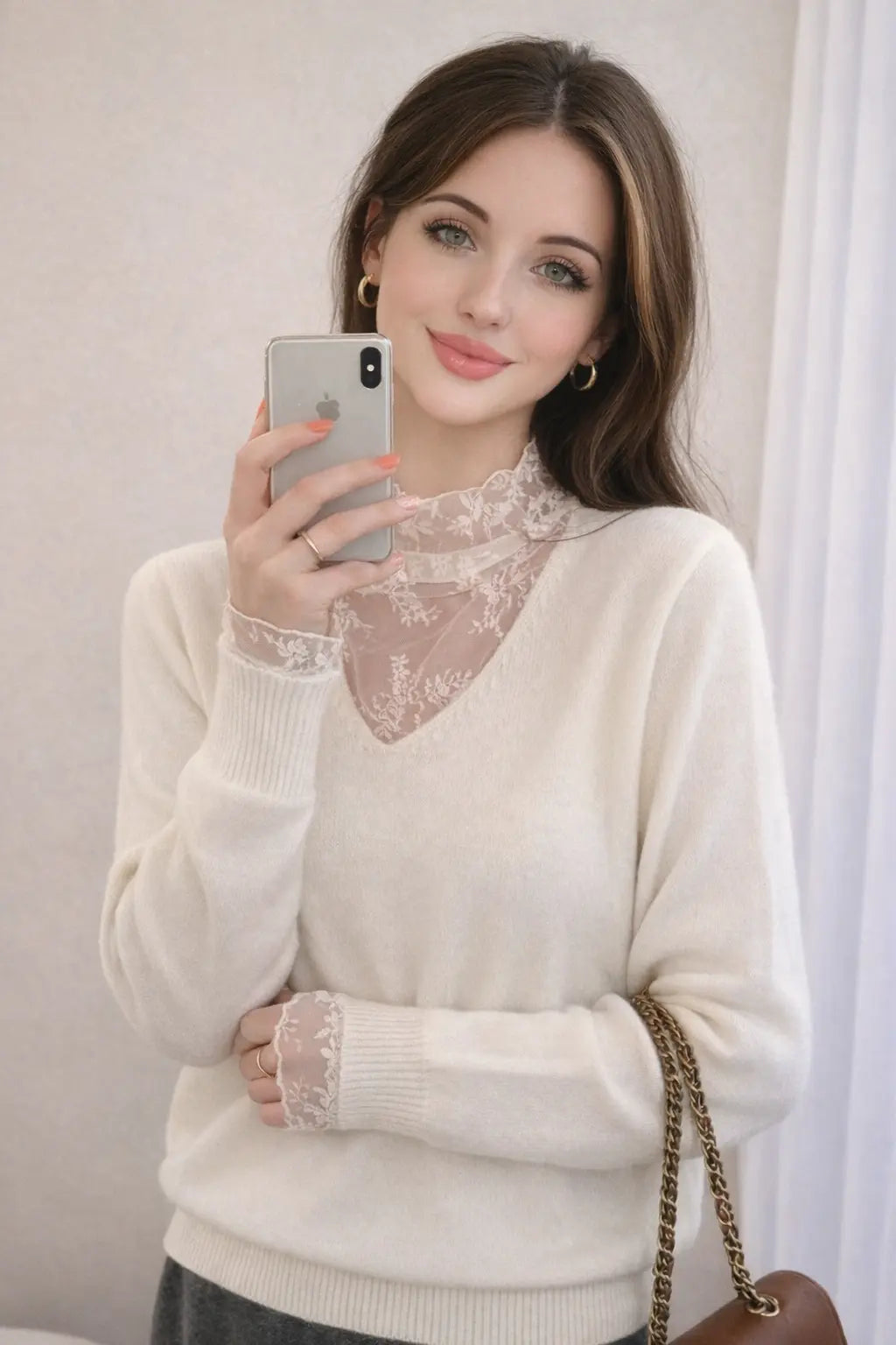 Lace-Panel Fake Two-Piece V-Neck Knitted Sweater Braceora
