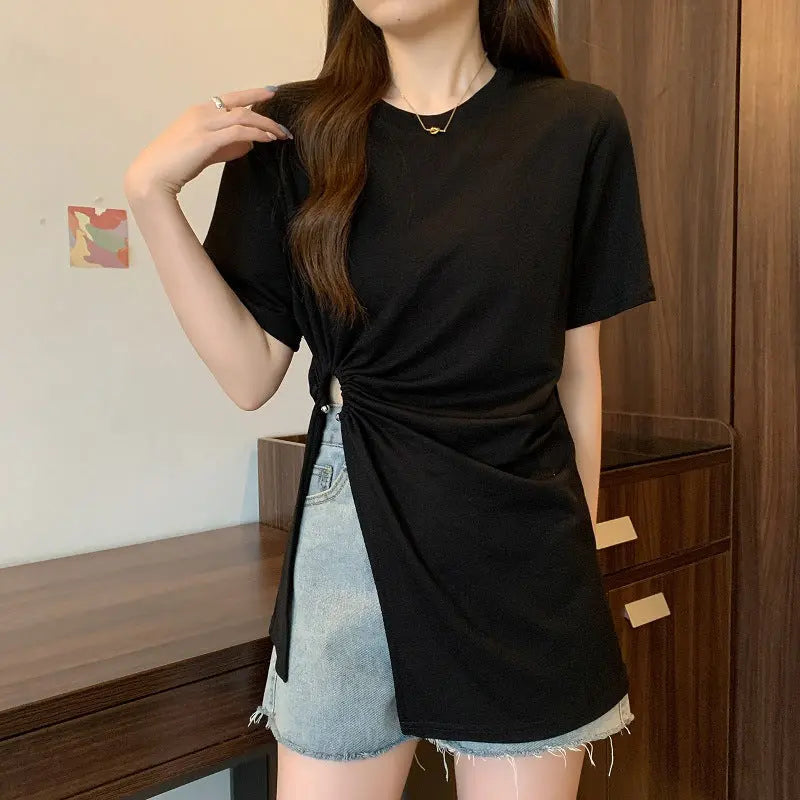 Cotton Irregular Split Short-sleeved T-shirt Women's Summer Braceora