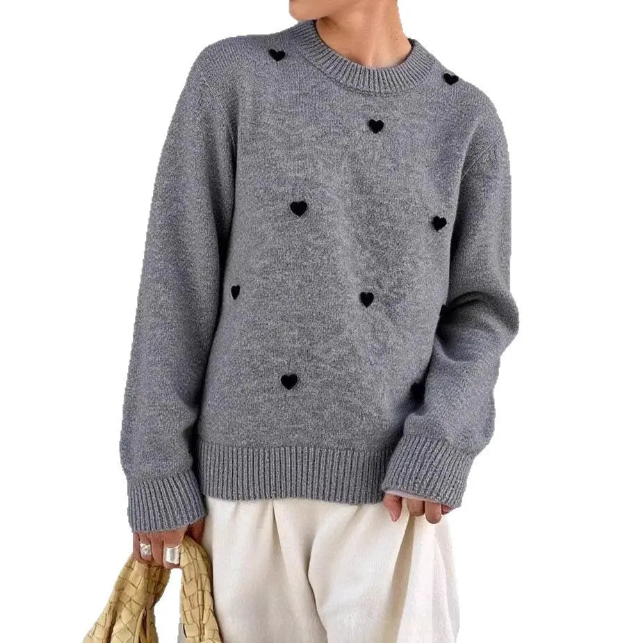 Womens Crew-Neck Pullover Heart Jacquard Knitted Sweater Braceora