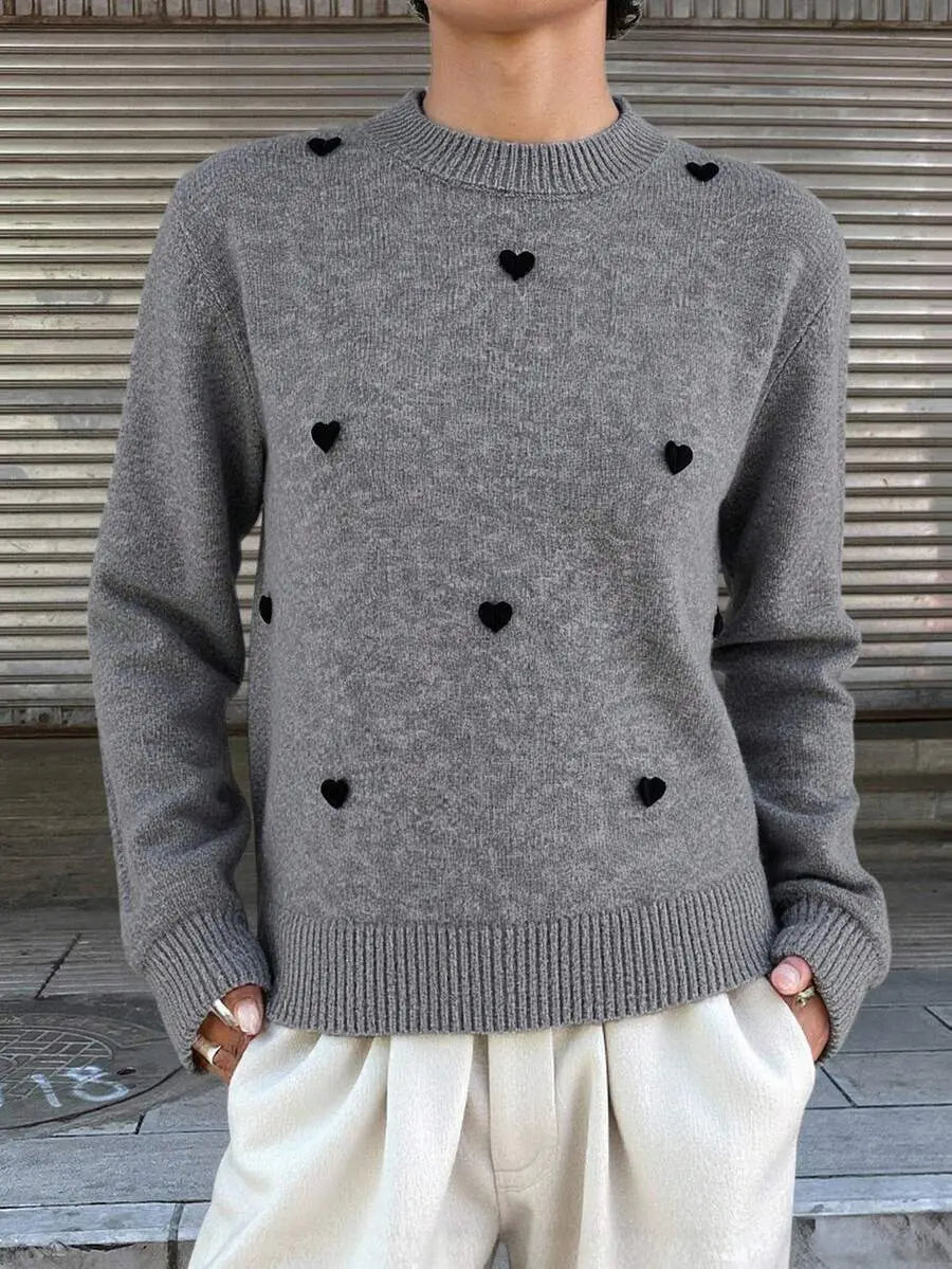 Womens Crew-Neck Pullover Heart Jacquard Knitted Sweater Braceora