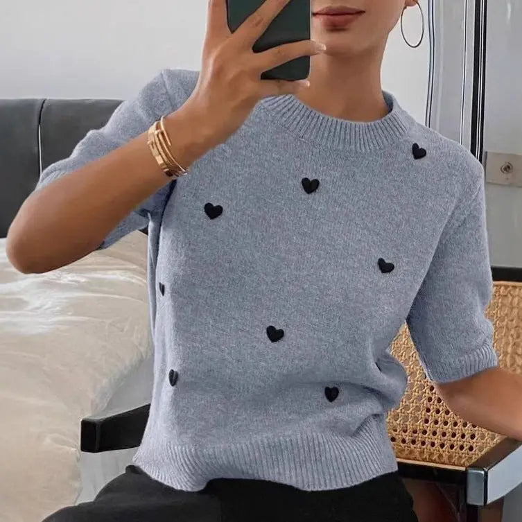 Womens Crew-Neck Pullover Heart Jacquard Knitted Sweater Braceora