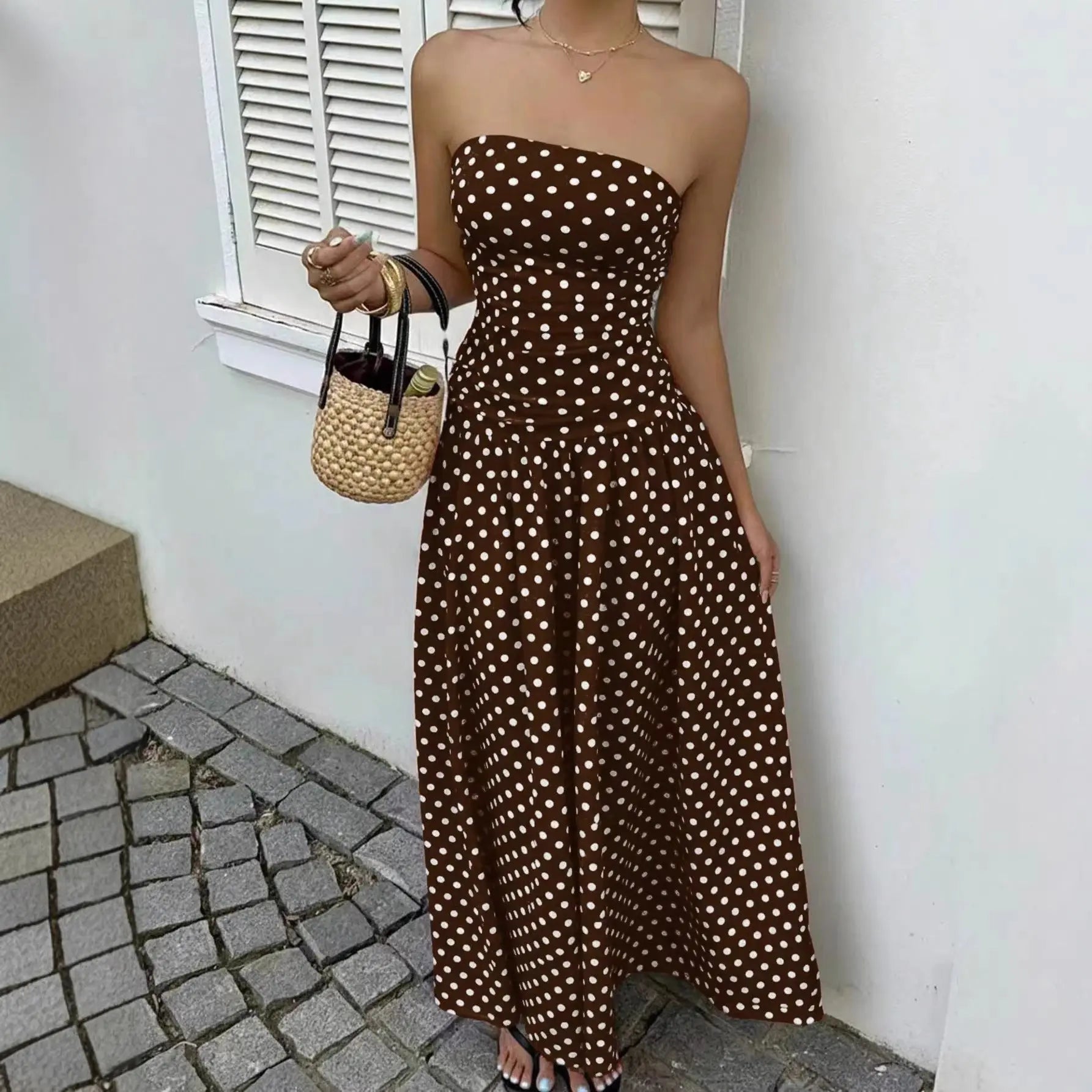 Off-the-shoulder Polka-dot A-line Waist-cinched Figure-flattering Dress Braceora